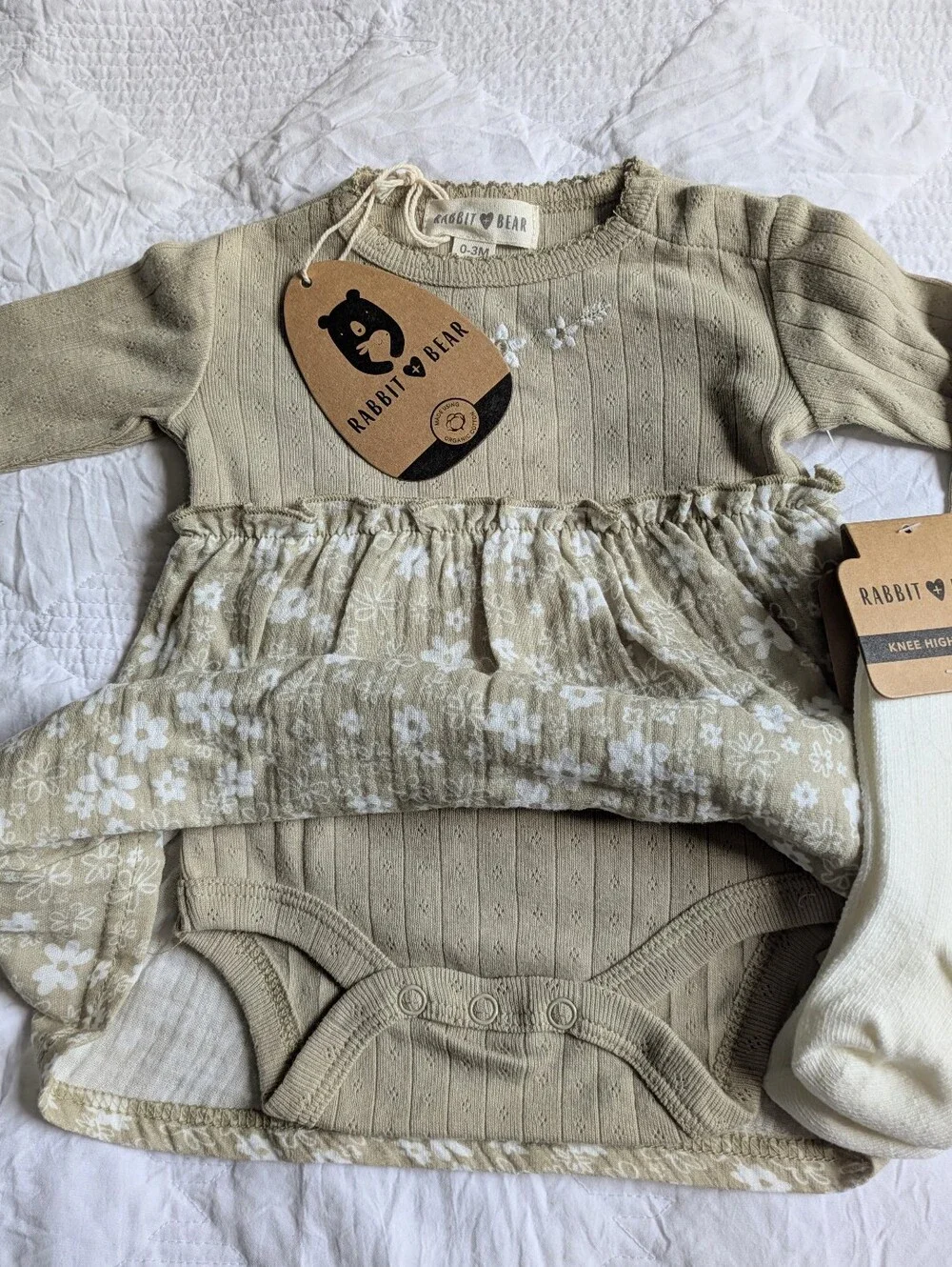 NWT...Rabbit + Bear Organic Cotton Blend Dress W/ Knee High Socks Size0-3 Months
